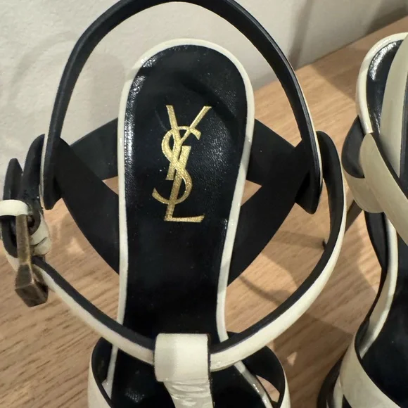 Saint Laurent Cream Patent Leather T-Strap Heeled Sandals - Picture 2 of 16